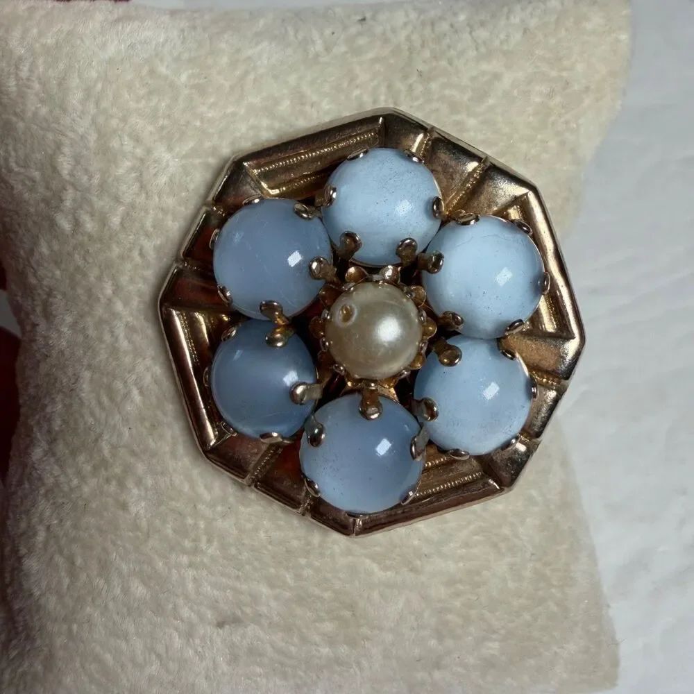 Vintage Gold Tone Blue Cabochon Faux Pearl Flower Brooch Pin Art Deco Revival 1"
